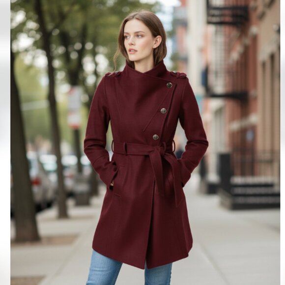 NWT GUESS Asymmetrical Belted Wrap Coat Maroon / Wine Wool Blend - Picture 1 of 14
